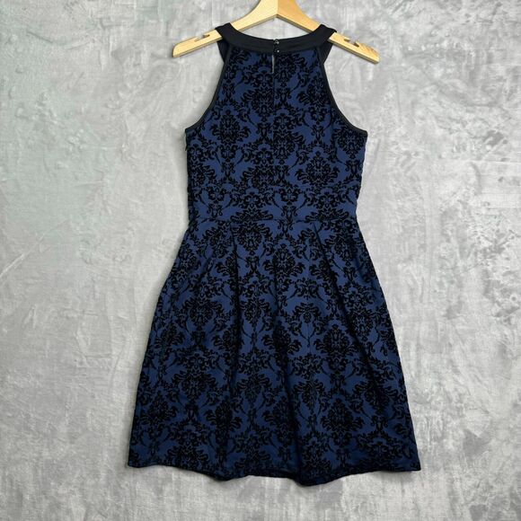Enfocus Studio Dress Womens 10 Blue Damask Cut Out Velvet Fit & Flare Halter - Picture 3 of 12